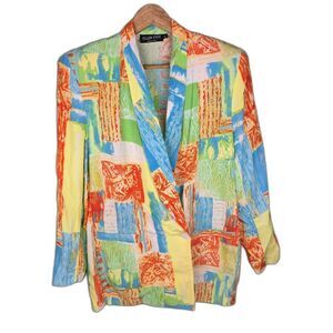Ellen Figg Blazer Multicolor 6 Vintage 80s Abstract Patchwork Rayon Made in USA
